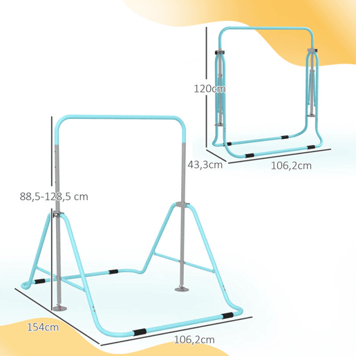 HOMCOM Barra de Ginástica Artística Barra Horizontal Dobrável com Altura Ajustável Equipamento de Ginástica para Treino em Casa para Crianças 154x106,2x88,5-128,5 cm Azul Celeste