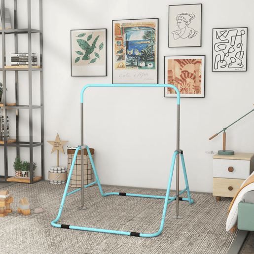 HOMCOM Barra de Ginástica Artística Barra Horizontal Dobrável com Altura Ajustável Equipamento de Ginástica para Treino em Casa para Crianças 154x106,2x88,5-128,5 cm Azul Celeste