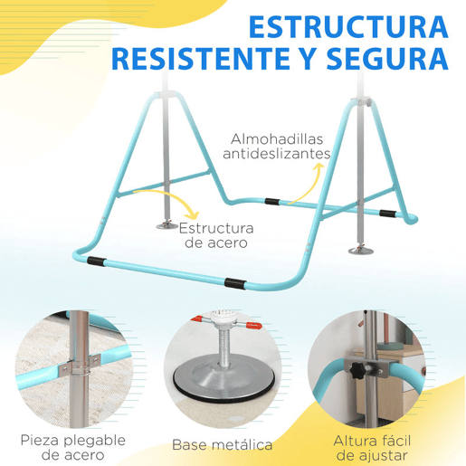 HOMCOM Barra de Ginástica Artística Barra Horizontal Dobrável com Altura Ajustável Equipamento de Ginástica para Treino em Casa para Crianças 154x106,2x88,5-128,5 cm Azul Celeste