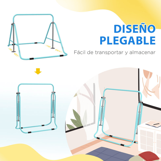 HOMCOM Barra de Ginástica Artística Barra Horizontal Dobrável com Altura Ajustável Equipamento de Ginástica para Treino em Casa para Crianças 154x106,2x88,5-128,5 cm Azul Celeste