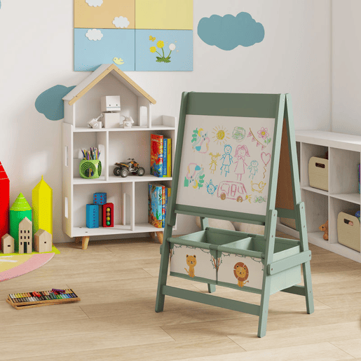 AIYAPLAY Cavalete de Pintura para Crianças 3 em 1 Quadro Infantil de Dupla Face para Crianças acima de 3 Anos com Rolo de Papel e Cestos de Arrumação 54x46x94 cm Verde