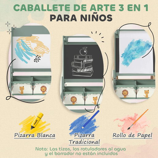 AIYAPLAY Cavalete de Pintura para Crianças 3 em 1 Quadro Infantil de Dupla Face para Crianças acima de 3 Anos com Rolo de Papel e Cestos de Arrumação 54x46x94 cm Verde