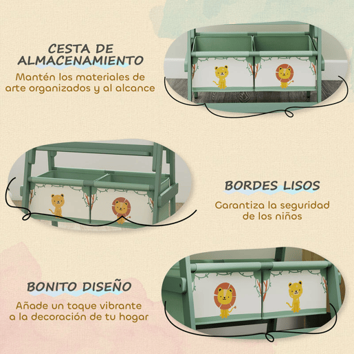 AIYAPLAY Cavalete de Pintura para Crianças 3 em 1 Quadro Infantil de Dupla Face para Crianças acima de 3 Anos com Rolo de Papel e Cestos de Arrumação 54x46x94 cm Verde