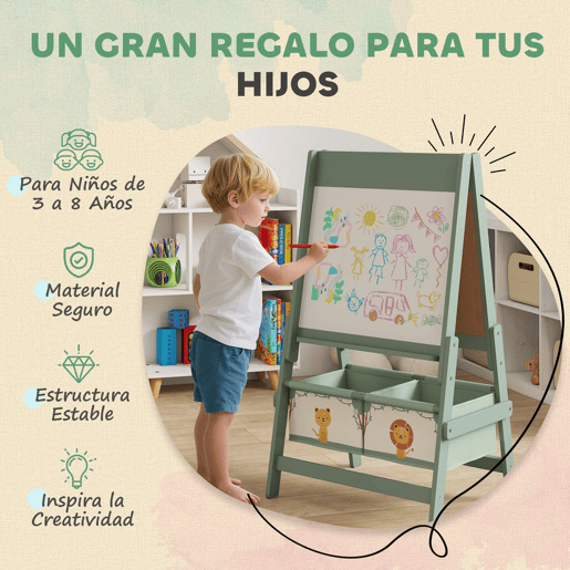 AIYAPLAY Cavalete de Pintura para Crianças 3 em 1 Quadro Infantil de Dupla Face para Crianças acima de 3 Anos com Rolo de Papel e Cestos de Arrumação 54x46x94 cm Verde