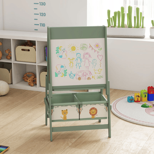 AIYAPLAY Cavalete de Pintura para Crianças 3 em 1 Quadro Infantil de Dupla Face para Crianças acima de 3 Anos com Rolo de Papel e Cestos de Arrumação 54x46x94 cm Verde