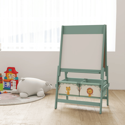 AIYAPLAY Cavalete de Pintura para Crianças 3 em 1 Quadro Infantil de Dupla Face para Crianças acima de 3 Anos com Rolo de Papel e Cestos de Arrumação 54x46x94 cm Verde