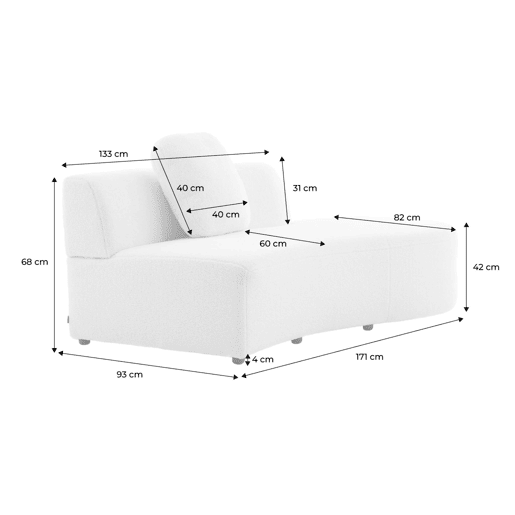 Sofá vírgula modular orgânico boucle de 2-3 lugares, Wave, Creme, 171x93x68 cm