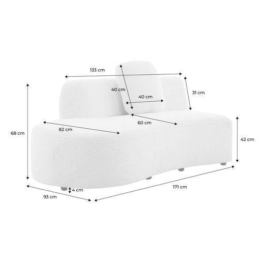 Sofá vírgula modular orgânico boucle de 2-3 lugares, Wave, Creme, 171x93x68 cm
