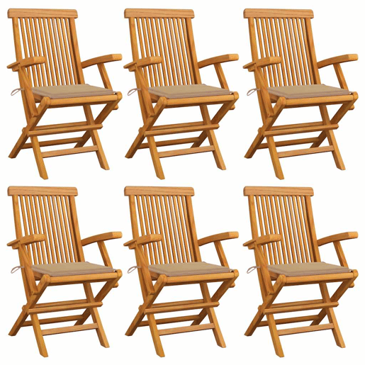 Cadeiras de jardim - Cadeiras de exterior c almofadões beges 6 pcs teca maciça