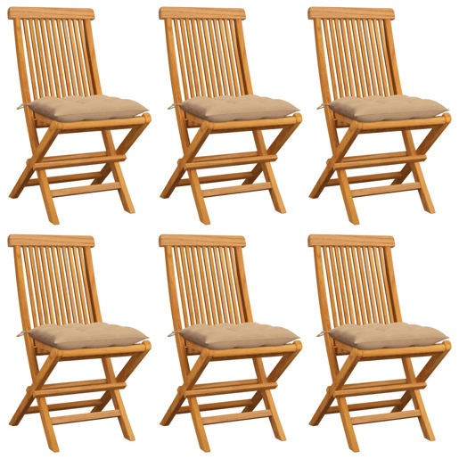 Cadeiras de jardim - Cadeiras de exterior c almofadões beges 6 pcs teca maciça