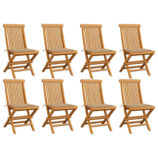 Cadeiras de jardim - Cadeiras de exterior c almofadões beges 8 pcs teca maciça