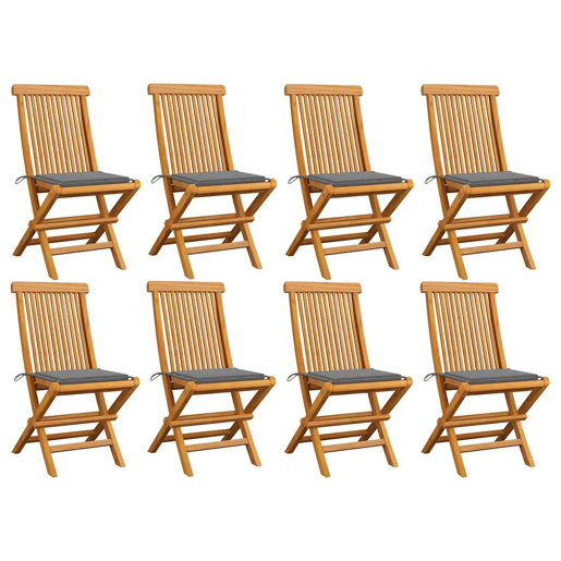 Cadeiras de jardim - Cadeiras de exterior c almofadões cinzentos 8 pcs teca maciça