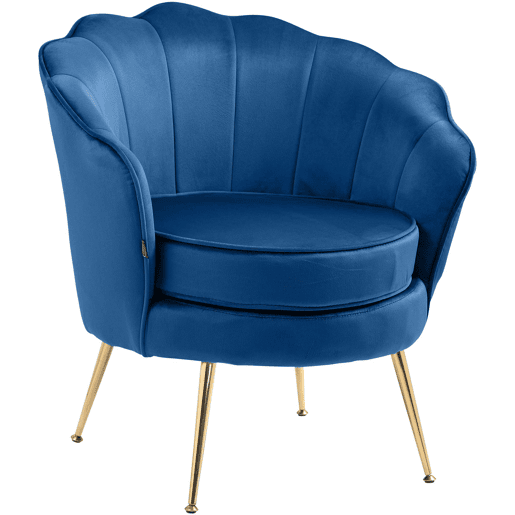 Poltrona estofada com costura decorativa revestimento em veludo azul e pés de metal dourado FAL101553