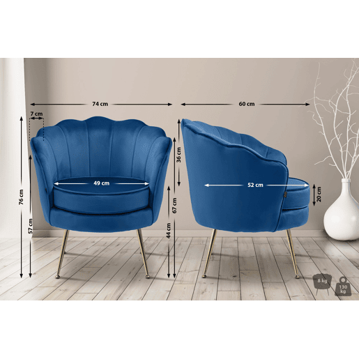 Poltrona estofada com costura decorativa revestimento em veludo azul e pés de metal dourado FAL101553