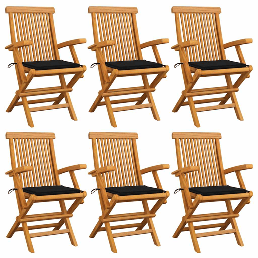 Cadeiras de jardim - Cadeiras de exterior c almofadões pretos 6 pcs teca maciça
