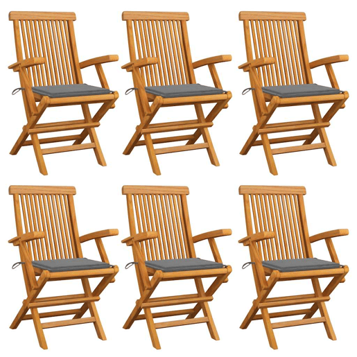 Cadeiras de jardim - Cadeiras de exterior c almofadões cinzentos 6 pcs teca maciça