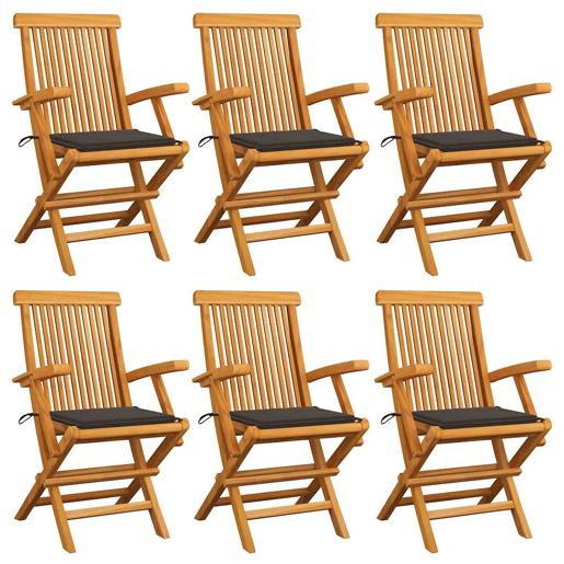 Cadeiras de jardim - Cadeiras de exterior c almofadões cinza-acast. 6 pcs teca maciça