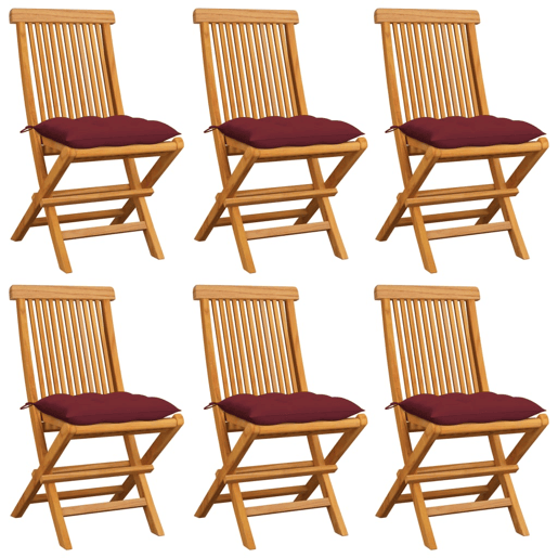 Cadeiras jardim - Cadeiras exterior c almofadões vermelho tinto 6 pcs teca maciça
