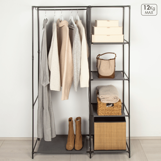 Max Home Roupeiro de tecido roupeiro 4 prateleiras 1 calha 105x44x160 cm cinzento