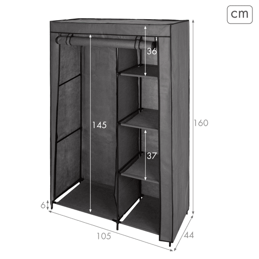 Max Home Roupeiro de tecido roupeiro 4 prateleiras 1 calha 105x44x160 cm cinzento