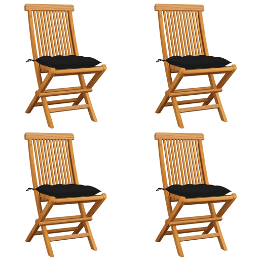 Cadeiras de jardim - Cadeiras de exterior c almofadões pretos 4 pcs teca maciça