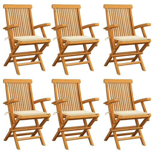 Cadeiras de jardim - Cadeiras de exterior c almofadões creme 6 pcs teca maciça