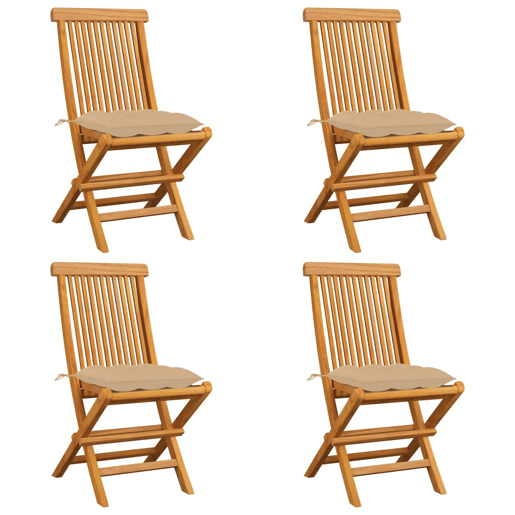 Cadeiras de jardim - Cadeiras de exterior c almofadões beges 4 pcs teca maciça