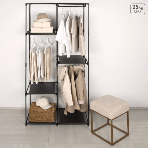 Max Home Roupeiro de roupa 3 prateleiras 1 varão para cabides 88x45x167 cm preto