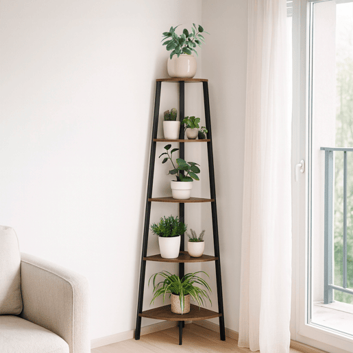 Max Home Estante fixa de madeira de canto com escada 5 prateleiras 35x35x135 cm Max Home Estante fixa de madeira de canto com escada 5 prateleiras 35x35x135 cm