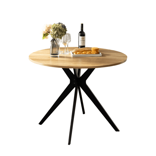Mesa Redonda De Jantar Com Tampo De Madeira E Estrutura Metálica Preta, Design Industrial Moderno De 100 cm De Diâmetro, Ideal Para Sala De Jantar, Cozinha Ou Espaço Social