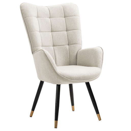 Poltrona De Estilo Moderno Com Encosto Alto E Estofamento Confortável, Revestida Em Tecido Bege Com Detalhe De Costura, Pés Metálicos Pretos Com Ponteiras Douradas, Perfeita Para Sala, Quarto Ou Como Cadeira De Leitura Sofisticada