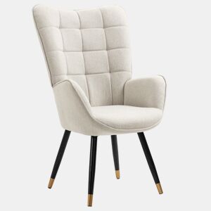Poltrona De Estilo Moderno Com Encosto Alto E Estofamento Confortável, Revestida Em Tecido Bege Com Detalhe De Costura, Pés Metálicos Pretos Com Ponteiras Douradas, Perfeita Para Sala, Quarto Ou Como Cadeira De Leitura Sofisticada