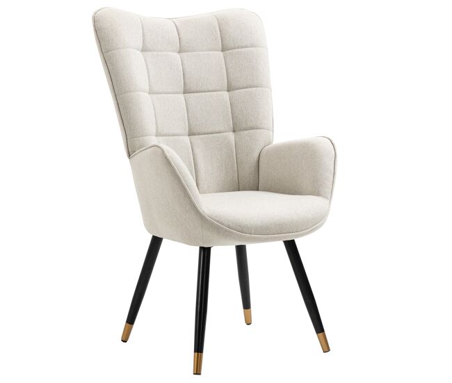 Sillón de estilo moderno con respaldo alto y acolchado confortable, tapizado en tela beige con detalle de costuras, patas metálicas negras con puntas