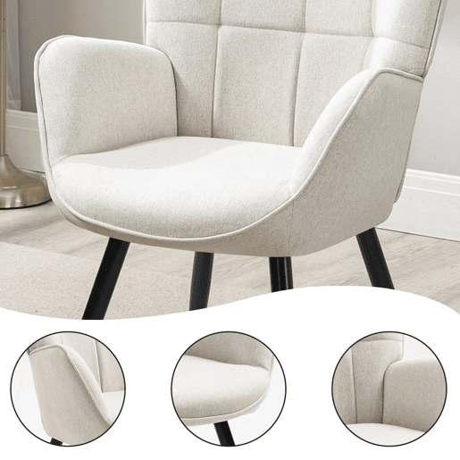 Poltrona De Estilo Moderno Com Encosto Alto E Estofamento Confortável, Revestida Em Tecido Bege Com Detalhe De Costura, Pés Metálicos Pretos Com Ponteiras Douradas, Perfeita Para Sala, Quarto Ou Como Cadeira De Leitura Sofisticada