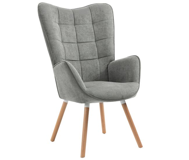 Sillón relax interior ergonómico con respaldo alto y reposabrazos curvos, tapizado en tela gris con patas de madera natural, estilo moderno