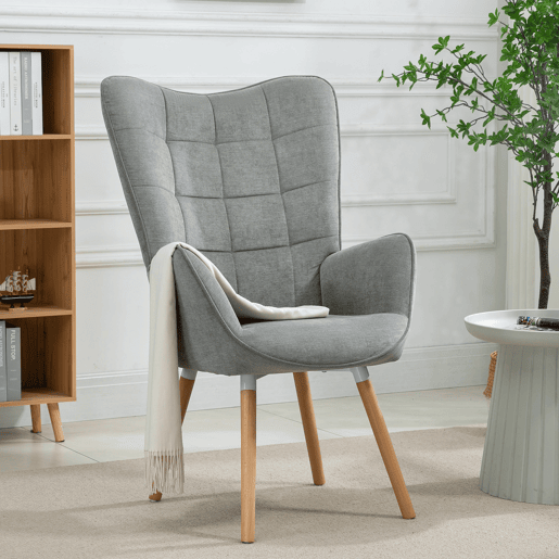 Poltrona de Descanso Ergonômica para Sala com Encosto Alto e Braços Curvos, Revestida em Tecido Cinza com Pés de Madeira Natural, Design Escandinavo Moderno para Sala de Estar ou Quarto, Suporta Até 120kg