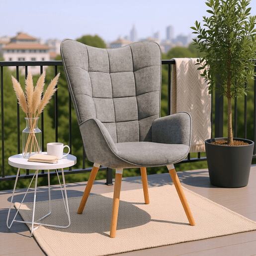 Poltrona de Descanso Ergonômica para Sala com Encosto Alto e Braços Curvos, Revestida em Tecido Cinza com Pés de Madeira Natural, Design Escandinavo Moderno para Sala de Estar ou Quarto, Suporta Até 120kg