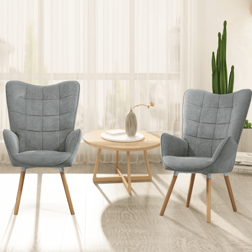 Poltrona de Descanso Ergonômica para Sala com Encosto Alto e Braços Curvos, Revestida em Tecido Cinza com Pés de Madeira Natural, Design Escandinavo Moderno para Sala de Estar ou Quarto, Suporta Até 120kg
