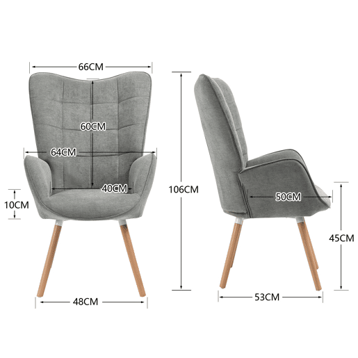 Poltrona de Descanso Ergonômica para Sala com Encosto Alto e Braços Curvos, Revestida em Tecido Cinza com Pés de Madeira Natural, Design Escandinavo Moderno para Sala de Estar ou Quarto, Suporta Até 120kg