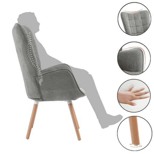 Poltrona de Descanso Ergonômica para Sala com Encosto Alto e Braços Curvos, Revestida em Tecido Cinza com Pés de Madeira Natural, Design Escandinavo Moderno para Sala de Estar ou Quarto, Suporta Até 120kg