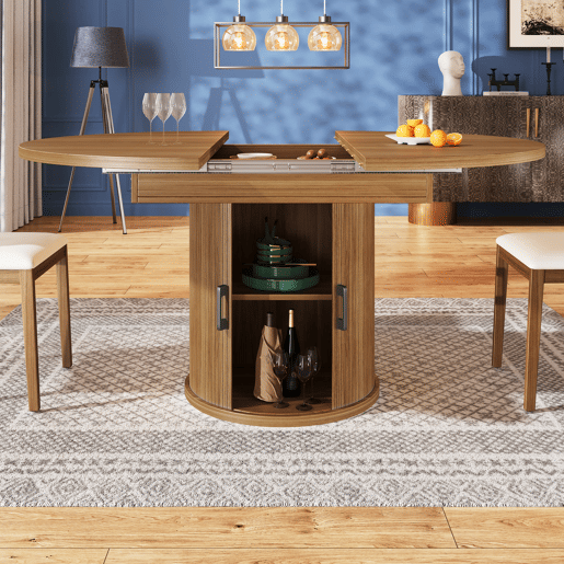 Mesa extensível redonda 118-158 cm - Sala de jantar, cozinha, varanda, extensível para ovalada - NogueiraPreto