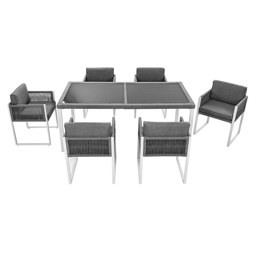 Conjunto de sala de jantar exterior para 6 pessoas - Cadeiras com almofadas, capa de tecido removível e lavável - Cinza, Branco