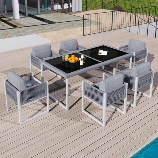 Conjunto de sala de jantar exterior para 6 pessoas - Cadeiras com almofadas, capa de tecido removível e lavável - Cinza, Branco