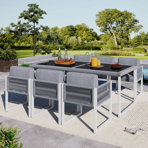 Conjunto de sala de jantar exterior para 6 pessoas - Cadeiras com almofadas, capa de tecido removível e lavável - Cinza, Branco