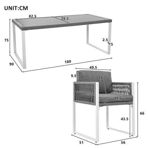 Conjunto de sala de jantar exterior para 6 pessoas - Cadeiras com almofadas, capa de tecido removível e lavável - Cinza, Branco