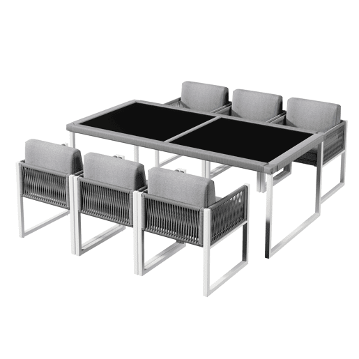 Conjunto de sala de jantar exterior para 6 pessoas - Cadeiras com almofadas, capa de tecido removível e lavável - Cinza, Branco
