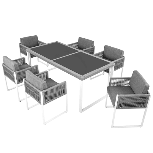 Conjunto de sala de jantar exterior para 6 pessoas - Cadeiras com almofadas, capa de tecido removível e lavável - Cinza, Branco