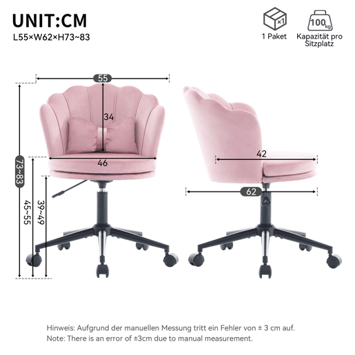 Cadeira para vestir - Design moderno - Encosto em forma de pétala, almofada lombar em forma de borboleta, ajustável em altura - Rosa