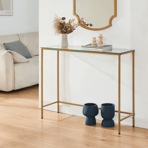 Mesa de consola Kronoby rectangular metal 100x30x80 cm Dourado  Transparente en.casa