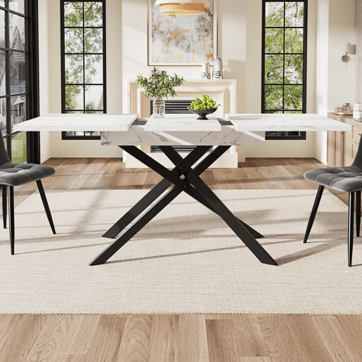Mesa extensível 120-160 cm - Mesa de jantar extensível - Pernas de ferro cruzadas - Branco e Preto